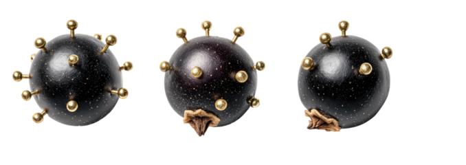 Three dark, round fruits with gold accents