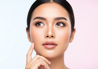 A beautiful Asian woman show the smooth face skin