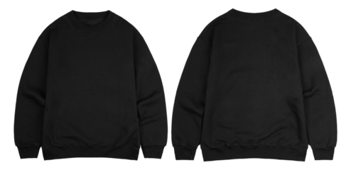 Realistic Black Crewneck Sweatshirt Mockup, Front and Back Side Template for Print on Demand and Clothing Design Branding, Isolated.