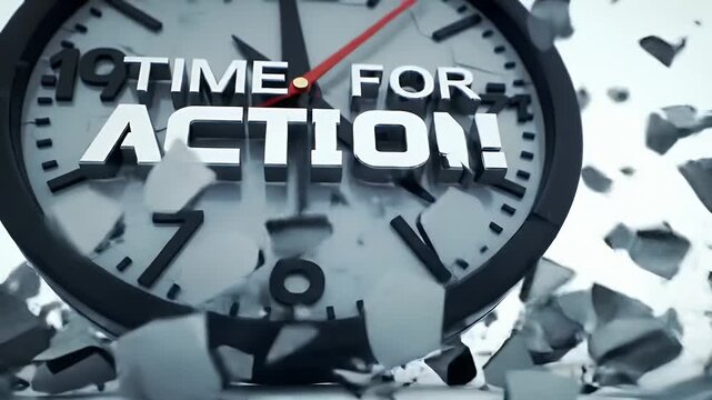 Dynamic 3D Animated Clock Indicating Time for Action Concept with a Red Second Hand and Shattering Effect on a White Background Ready for