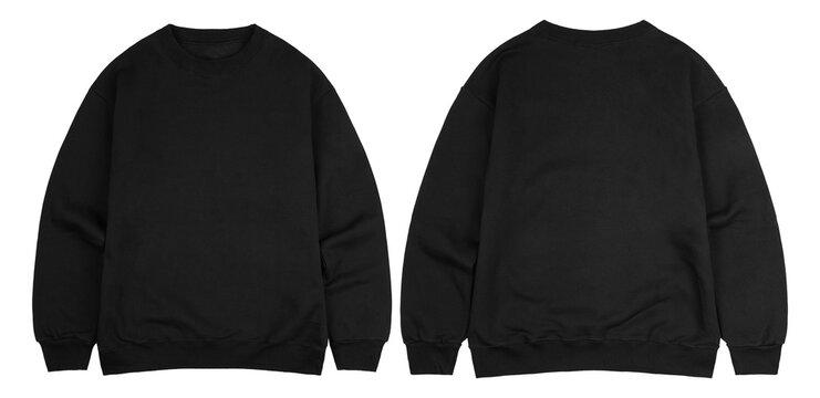 Realistic Black Crewneck Sweatshirt Mockup, Front and Back Side Template for Print on Demand and Clothing Design Branding, Isolated.
