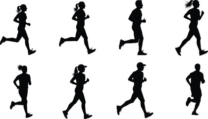 Silhouettes of people running, athletic motion, sports training, jogging exercise, fitness activity, human movement illustration, competition