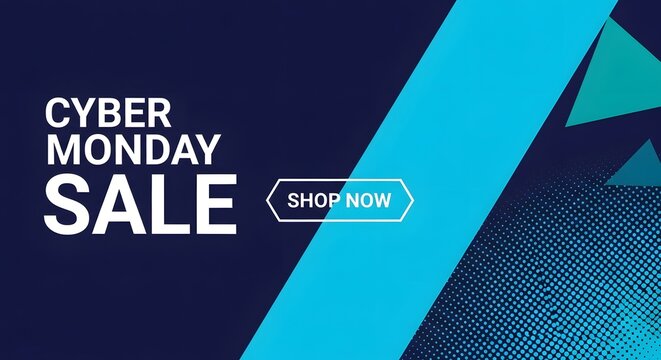 Cyber monday sale with shop now button and abstract geometric shapes in blue and teal on dark blue background, perfect for online retail promotions and digital marketing campaigns