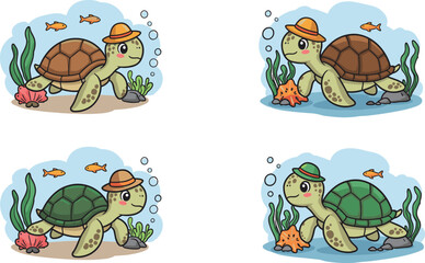 Cartoon Turtle with Hat in Underwater Scene &ndash; Spot the Difference Vector Set Featuring Coral, Fish, Seaweed, and Ocean Elements