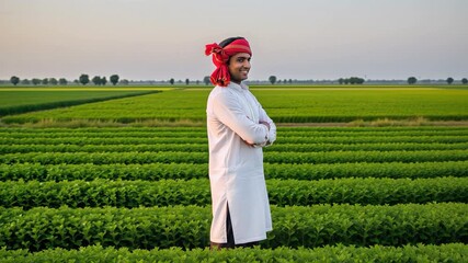 Happy indian farmer standing at agriculture field 
