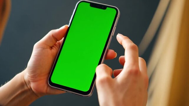 A person holds a smartphone with a green screen. The background is blurred, emphasizing the device. Ideal for technology or mobile app concepts.