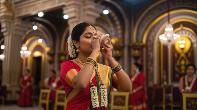woman playing shankh  or cone in hinduism 