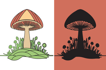 Botanical Mushroom Drawing on Mound of Soil in Simple Art.
