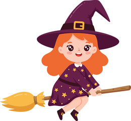 Cute cartoon witch on broomstick flying high animated halloween character fun festive design isolated on transparent background