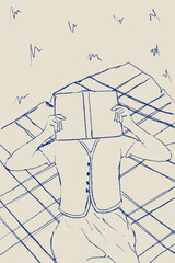 Relaxed figure covering face with a book while lying on a picnic blanket outdoors.