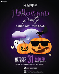 Spooky Halloween night party poster design with pumpkins, ghost clouds, and bats on a purple background. 