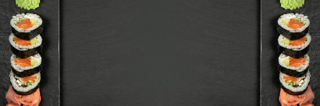 Top View Sushi Mockup, Sushi Rolls Template, Susi with Rice and Raw Fish Banner, Asian Food