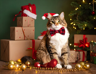 A cute cat wearing a Santa hat and red bow tie sitting beside Christmas gifts and decorations on a red background. Perfect for festive holiday and pet-themed designs.