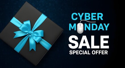 Cyber monday sale special offer with gift box and computer mouse on dark background, online shopping and discount concept
