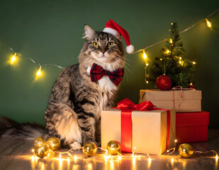 A cute cat wearing a hat and red bow tie sitting beside gifts and decorations on a red background. Perfect for festive holiday and pet-themed designs.