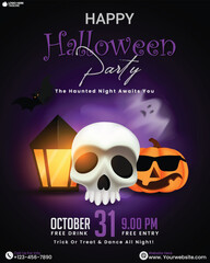 3D happy Halloween party invitation card design with skull pumpkins, lantern, and ghost on a dark purple background. 