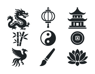 Vector Traditional asian symbols: dragon, lantern, pagoda, yin yang, phoenix, bamboo, lotus, brush