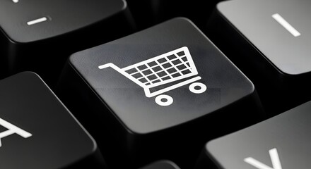 Closeup of a shopping cart icon on a computer keyboard button, representing online shopping and ecommerce