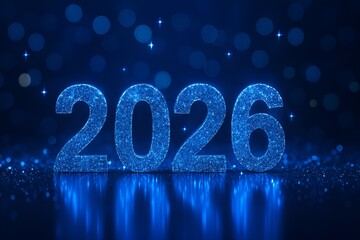 Sparkling Blue 2026 New Year Numbers on Reflective Surface with Glowing Lights and Bokeh Background Isolated on White P N G Download for Social Media Advertisement Banner