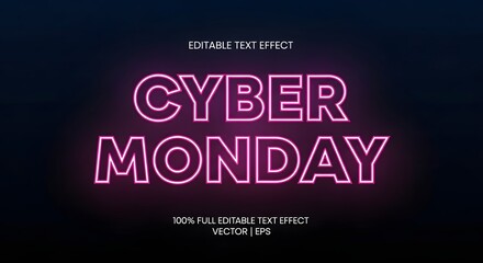 Cyber monday neon text effect with glowing pink outline on a dark background, representing online shopping and digital sales events