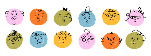 Crayon style emoji faces collection. Cute hand drawn doodle emoticons with happy, sad, surprised, and funny expressions. Vector cartoon icons set