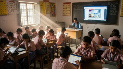 Students in classroom using tablets, teacher teaching with interactive whiteboard video Generative AI - Powered by Adobe