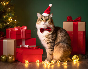 A cute cat wearing a hat and red bow tie sitting beside gifts and decorations on a red background. Perfect for festive holiday and pet-themed designs.