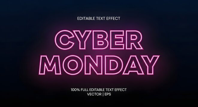 Cyber monday neon text effect with glowing pink outline on a dark background, representing online shopping and digital sales events