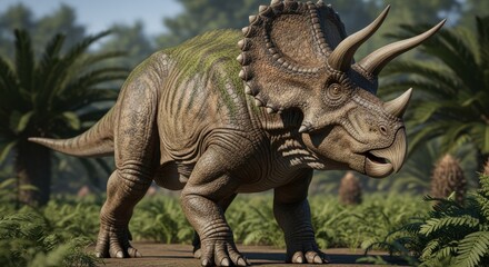 Fototapeta premium A fearsome triceratops, with a large bony frill and three sharp horns, stands alert in a lush prehistoric landscape, ready to defend its natural habitat.
