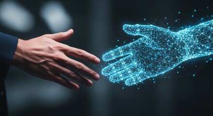 A futuristic digital rendering of two hands reaching to connect, glowing with blue dots and lines.