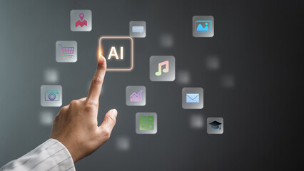 Hand Pointing to AI Application Icon Among Digital Multimedia and Business Apps