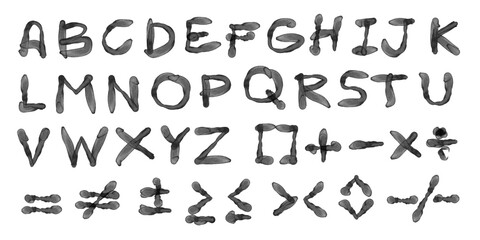 A complete set of uppercase English alphabet letters and a range of mathematical and relational symbols, all rendered in a dark, textured style resembling watercolor or ink-blots.