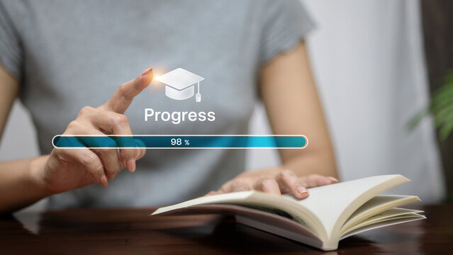 Learning Progress 98% with Graduation Cap, Woman Reading Book