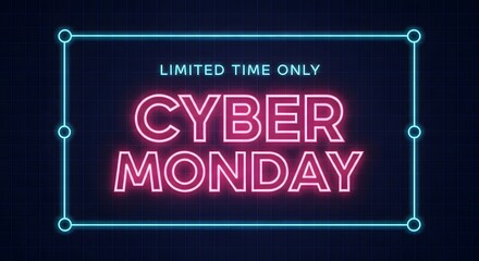 Cyber monday neon sign with limited time only text, glowing pink and blue lights on a dark grid background, representing online shopping and digital sales events