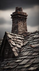 Dark Stone Tile Roof with Brick Chimney - Historical Building Detail