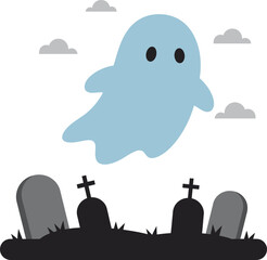 Cute cartoon ghost floating above spooky graveyard under cloudy sky halloween themed graphic isolated on transparent background