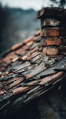 Grungy Brick Chimney on Decayed Tile Roof - Moody Outdoor Scene