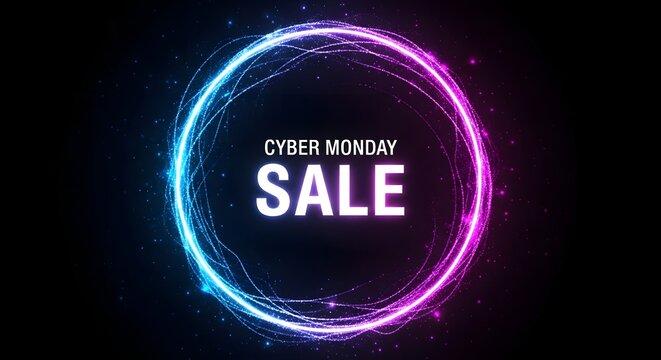 Cyber monday sale text inside a glowing neon circle with blue and purple lights on a black background, representing online shopping and digital discounts