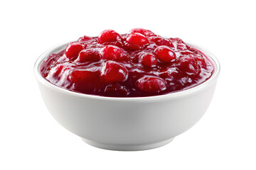 White bowl filled with bright red cranberry sauce and whole berries isolated on a transparent background