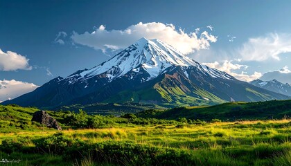 Majestic snow-capped mountain and green valley landscape