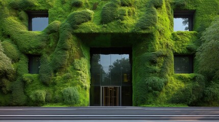 Modern building with a unique architectural design. the building is covered in a thick layer of green moss, covering the entire exterior of the building.