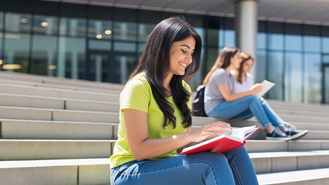 indian college girl reading book at college campus  
