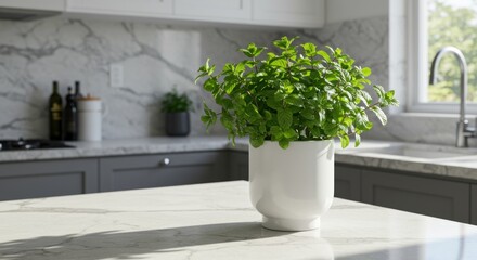 Fototapeta premium Potted mint plant on a marble countertop with kitchen in background