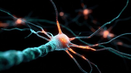 Neuron Network: Close-Up 3D Render of a Nerve Cell with Glowing Synapses