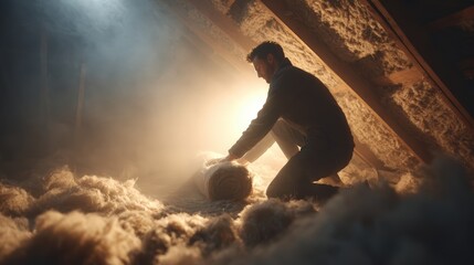 Man Installing Insulation in Attic - Home Improvement, Energy Efficiency