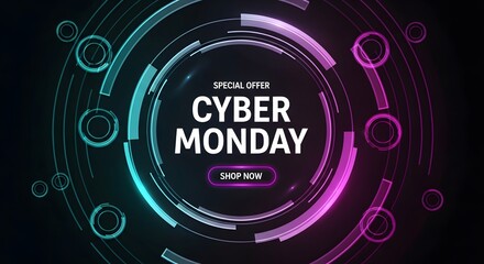 Cyber monday special offer with futuristic glowing circular design and shop now button, digital abstract background with neon lights