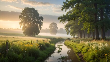 Scenic landscape of a river flowing through a meadow at sunrise or sunset