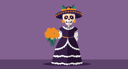 An elegant Calavera Catrina, adorned in traditional attire and holding marigolds, is presented in this charming flat design illustration.