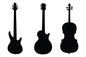 A set of guitar and string instrument silhouettes including electric guitar, bass, and violin. Perfect vector for music themes, posters, t-shirts, and logo projects. © Design lab 234