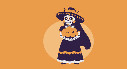An elegant Calavera Catrina, adorned in traditional attire and holding marigolds, is presented in this charming flat design illustration.